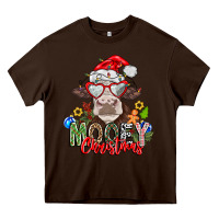 Chocolate Brown Mooey Christmas Heavy Core Tee - CowhideDigitalArt