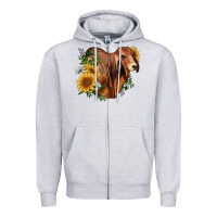 Heather Grey brahman bull with sunflowers Zipper Hoodie - RanaPortraitStore
