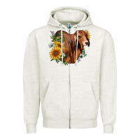 Oatmeal Heather brahman bull with sunflowers Zipper Hoodie - RanaPortraitStore