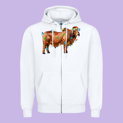 Brahman Bull With Christmas Lights Zipper Hoodie Designed By Ranaportraitstore