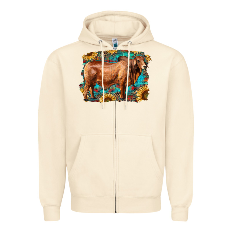 Brahman Bull With Aztec Sunflower And Leopard Background Zipper Hoodie by RanaPortraitStore | Teevron