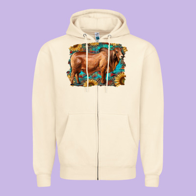 Brahman Bull With Aztec Sunflower And Leopard Background Zipper Hoodie Designed By Ranaportraitstore