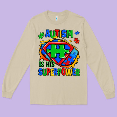 Autism Is His Superpower Ripped Long Sleeve Tee Designed By Zillion Design Studio