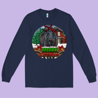 Long Sleeve Tee Black Angus Cattle Merry Christmas