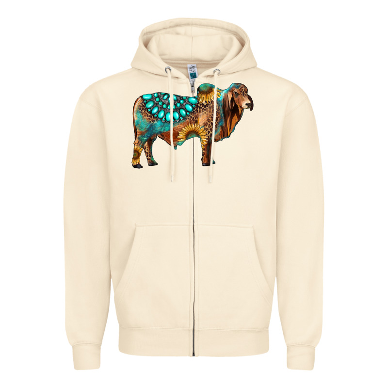 Brahman Bull Gemstone Turquoise And Sunflower Zipper Hoodie by RanaPortraitStore | Teevron