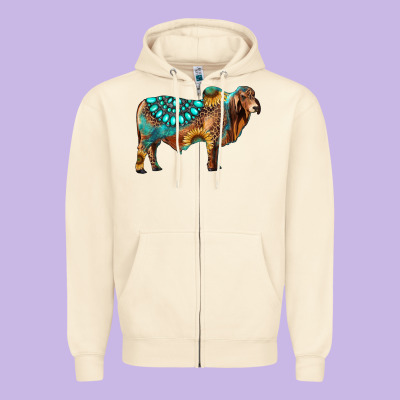 Brahman Bull Gemstone Turquoise And Sunflower Zipper Hoodie Designed By Ranaportraitstore