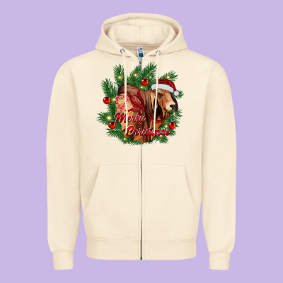 Merry Christmas Brahman Bull Zipper Hoodie Designed By Ranaportraitstore