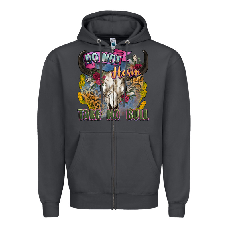 Do Not Harm Take No Bull Cow Skull Zipper Hoodie by Zillion Design Studio | Teevron