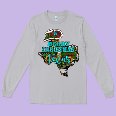 Long Sleeve Tee Merry Christmas Texas Map