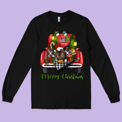 Long Sleeve Tee Merry Christmas Farm Truck With Baby Cow