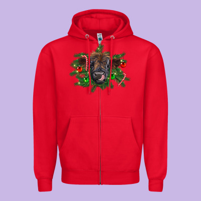 Christmas Highland Calf Zipper Hoodie Designed By Ranaportraitstore