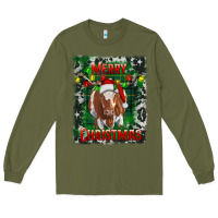 Army Green Western Merry Christmas Longhorn Cow Long Sleeve Tee - RanaPortraitStore