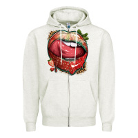 Oatmeal Heather strawberry lips with leopard Zipper Hoodie - texasbilliewilder