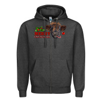 Charcoal Heather merry christmas highland calf with candy cane Zipper Hoodie - RanaPortraitStore