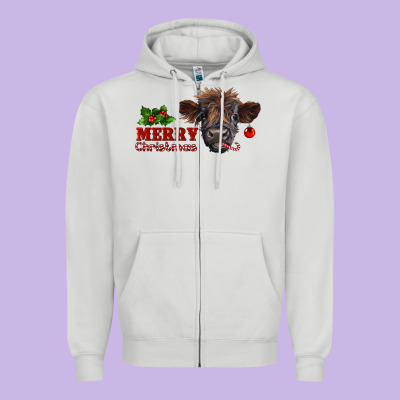 Merry Christmas Highland Calf With Candy Cane Zipper Hoodie Designed By Ranaportraitstore
