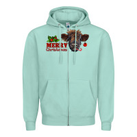 Seafoam merry christmas highland calf with candy cane Zipper Hoodie - RanaPortraitStore