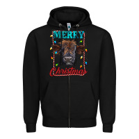 Black merry christmas highland calf baby cow Zipper Hoodie - RanaPortraitStore