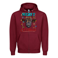 Burgundy merry christmas highland calf baby cow Zipper Hoodie - RanaPortraitStore