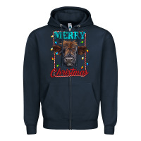 Navy merry christmas highland calf baby cow Zipper Hoodie - RanaPortraitStore