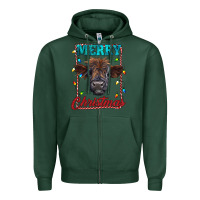 Sports Green merry christmas highland calf baby cow Zipper Hoodie - RanaPortraitStore