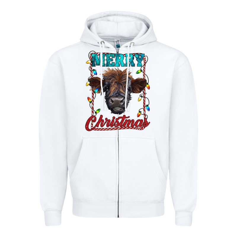 Merry Christmas Highland Calf Baby Cow Zipper Hoodie by RanaPortraitStore | Teevron