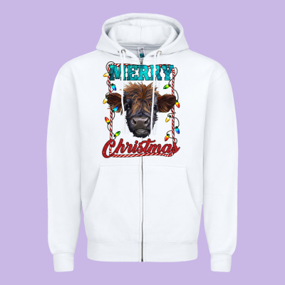 Merry Christmas Highland Calf Baby Cow Zipper Hoodie Designed By Ranaportraitstore