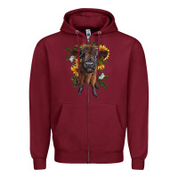 Burgundy highland cow with sunflower Zipper Hoodie - RanaPortraitStore