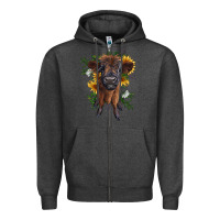 Charcoal Heather highland cow with sunflower Zipper Hoodie - RanaPortraitStore