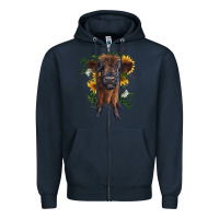 Navy highland cow with sunflower Zipper Hoodie - RanaPortraitStore