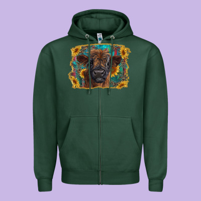 Highland Cow Calf With Western Background Zipper Hoodie Designed By Ranaportraitstore