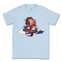 Dusty Blue asian dragon and ocean waves Classic Tee - RanaPortraitStore