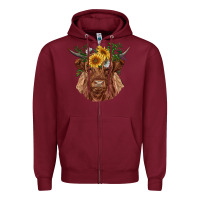 Burgundy highland cow with sunflowers Zipper Hoodie - RanaPortraitStore