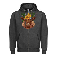 Charcoal Heather highland cow with sunflowers Zipper Hoodie - RanaPortraitStore