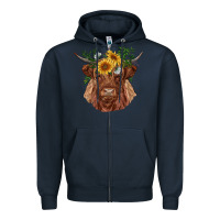 Navy highland cow with sunflowers Zipper Hoodie - RanaPortraitStore