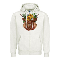 Oatmeal Heather highland cow with sunflowers Zipper Hoodie - RanaPortraitStore