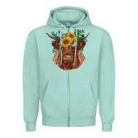 Seafoam highland cow with sunflowers Zipper Hoodie - RanaPortraitStore