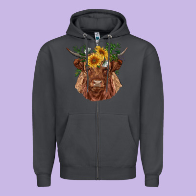Highland Cow With Sunflowers Zipper Hoodie Designed By Ranaportraitstore