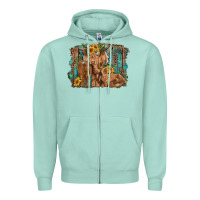 Seafoam highland cow family cattle and calf with sunflower and turquoise backg Zipper Hoodie - RanaPortraitStore