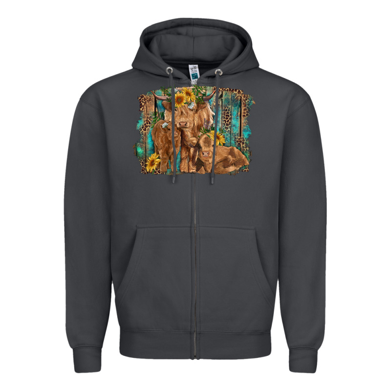 Highland Cow Family Cattle And Calf With Sunflower And Turquoise Backg Zipper Hoodie by RanaPortraitStore | Teevron