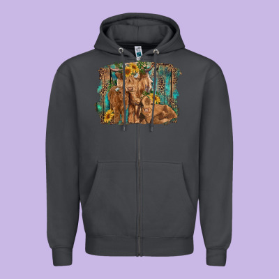 Highland Cow Family Cattle And Calf With Sunflower And Turquoise Backg Zipper Hoodie Designed By Ranaportraitstore