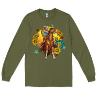 Army Green bucking horse with cowboy and sunflower Long Sleeve Tee - texasbilliewilder