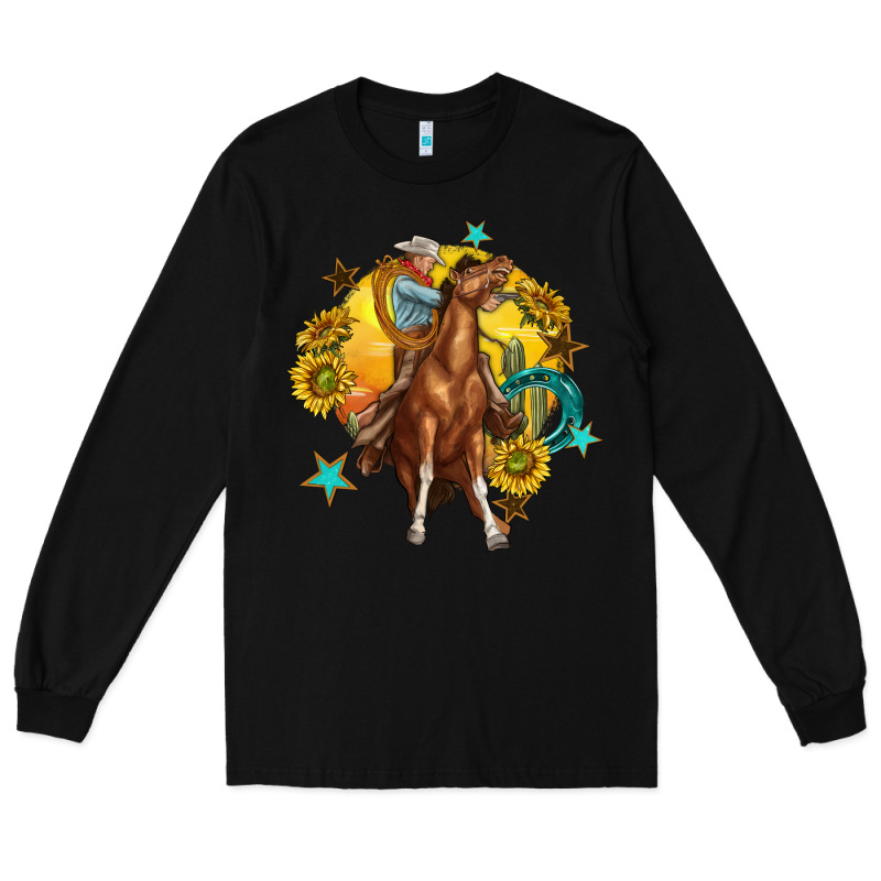 Bucking Horse With Cowboy And Sunflower Long Sleeve Tee by texasbilliewilder | Teevron