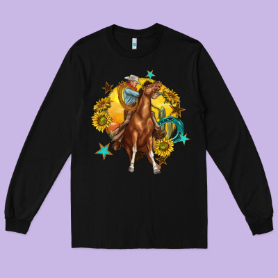 Long Sleeve Tee bucking horse with cowboy and sunflower