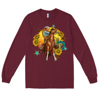 Burgundy bucking horse with cowboy and sunflower Long Sleeve Tee - texasbilliewilder