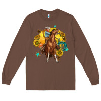 Chestnut bucking horse with cowboy and sunflower Long Sleeve Tee - texasbilliewilder