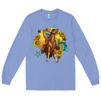 Colony Blue bucking horse with cowboy and sunflower Long Sleeve Tee - texasbilliewilder