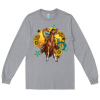 Heather Grey bucking horse with cowboy and sunflower Long Sleeve Tee - texasbilliewilder