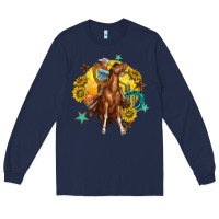Navy bucking horse with cowboy and sunflower Long Sleeve Tee - texasbilliewilder