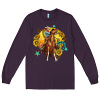 Plum bucking horse with cowboy and sunflower Long Sleeve Tee - texasbilliewilder
