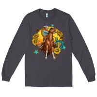 Smoke bucking horse with cowboy and sunflower Long Sleeve Tee - texasbilliewilder